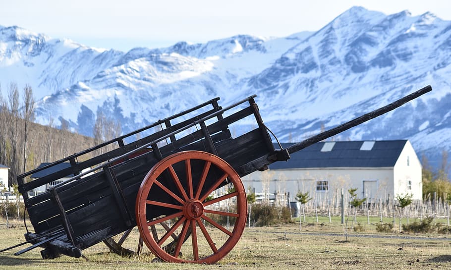 cart, old, mountain, wheel, nostalgia, winter, transportation HD wallpaper