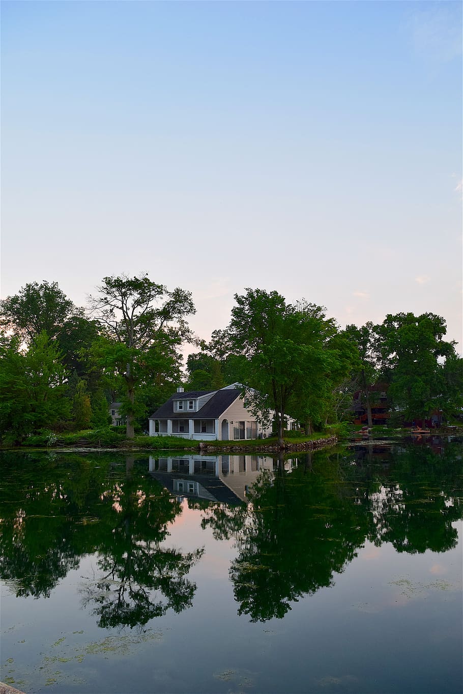house, lake, trees, reflection, water, nature, landscape, rocks HD wallpaper