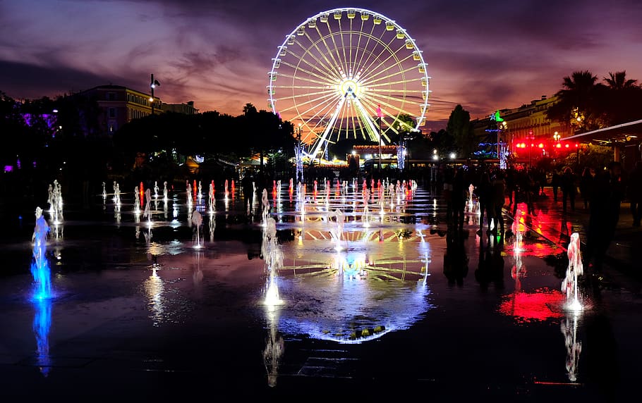 lighted ferris wheel during nighttime, amusement park, amusement park ride HD wallpaper