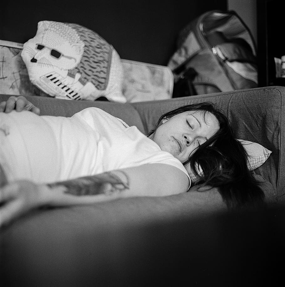 girl, sleeping, tattoo, resting, couch, black and white, square, HD wallpaper