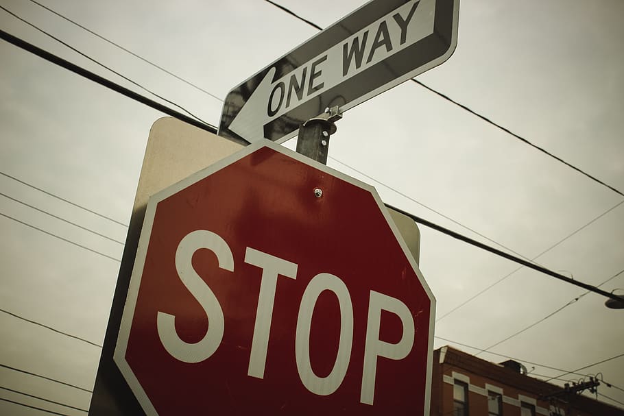 one way, stop, sign, western script, communication, text, low angle view HD wallpaper