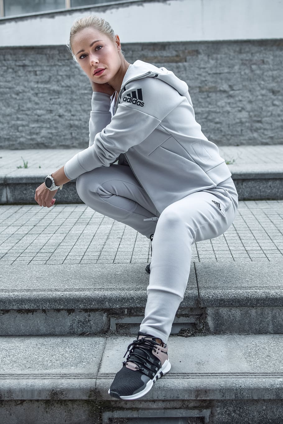 woman in grey adidas hoodie and pants photo, person, human, people, HD wallpaper