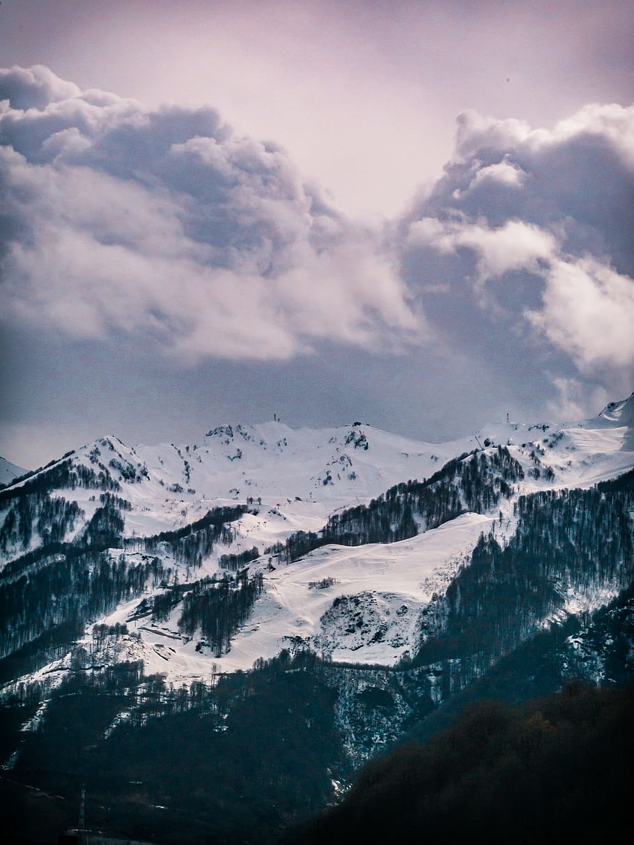 Photography of Snow Capped Mountain Under Cloudy Sky, clouds HD wallpaper