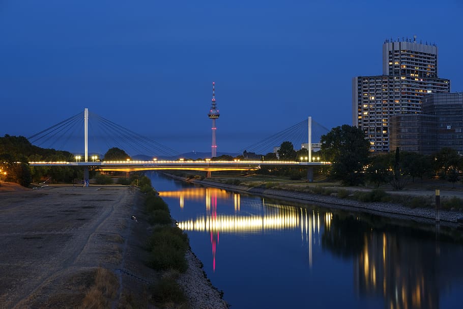 bridge, connection, away, night, lights, mirroring, river, water HD wallpaper