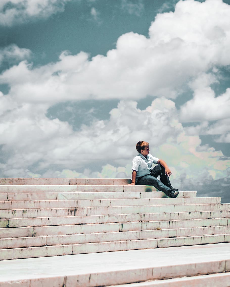 boy sitting on concrete steps, cloud - sky, one person, architecture HD wallpaper