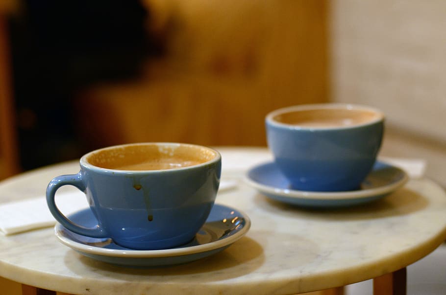 united states, bowling green, two, blue cups, coffee shop, coffee date, HD wallpaper