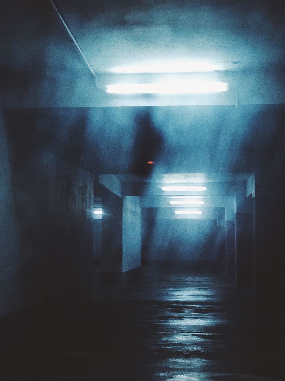 corridor, light, lighting, tunnel, hazy, parking, blue, scary