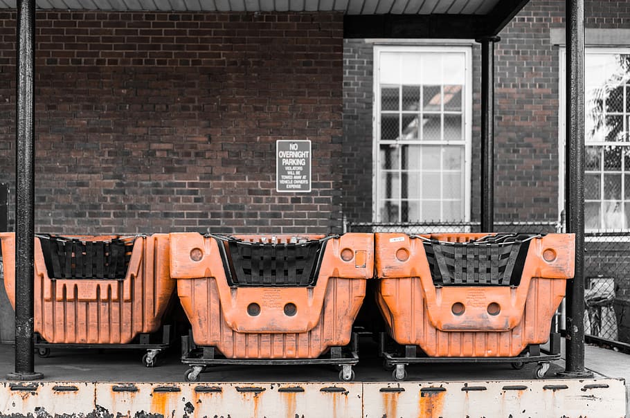 bins, mail, orange, brick, industrial, black, cart, metal, gracechapel HD wallpaper