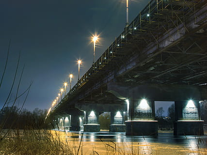 road, bridge, building, way, overpass, flare, light, sky, winter HD wallpaper