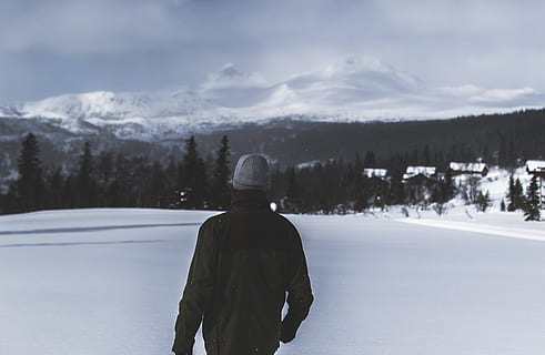 Man Wearing Black Jacket Walking in the Snow, clouds, cold, colors HD wallpaper