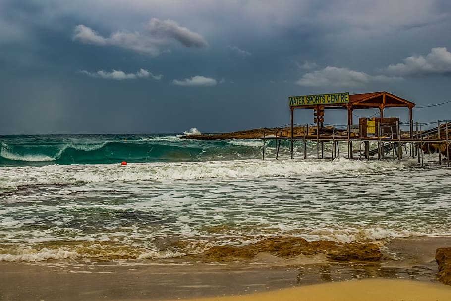 beach, wave, sky, clouds, nature, storm, winter, landscape HD wallpaper
