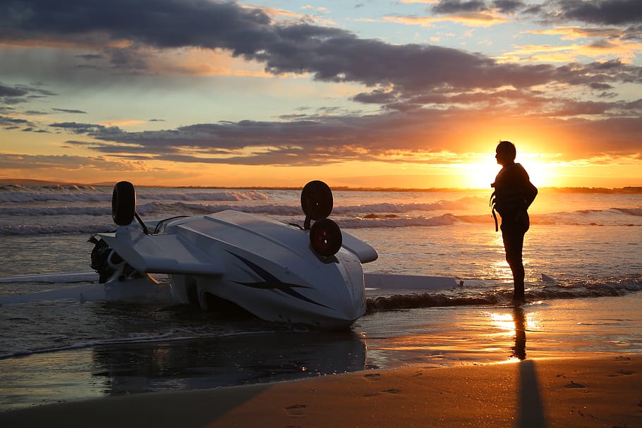 sea, sunset, sky, beach, aircraft, crash, accident, sand, orange HD wallpaper