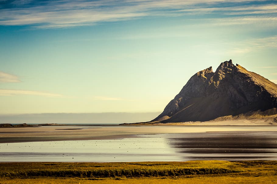 iceland, mountain, landscape, clouds, sky, nature, figure, blue HD wallpaper