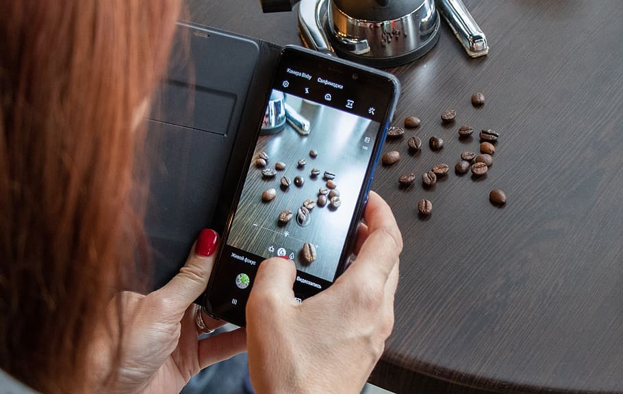 coffee, photo, cellphone, table, café, caffeine, background HD wallpaper