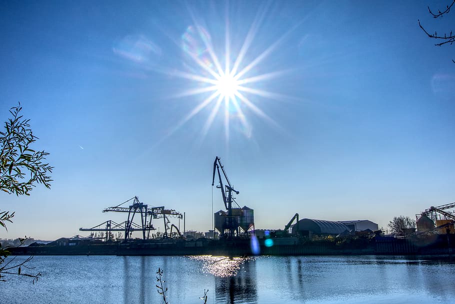 sun, backlighting, dazzling star, port, crane, loading, loading crane HD wallpaper