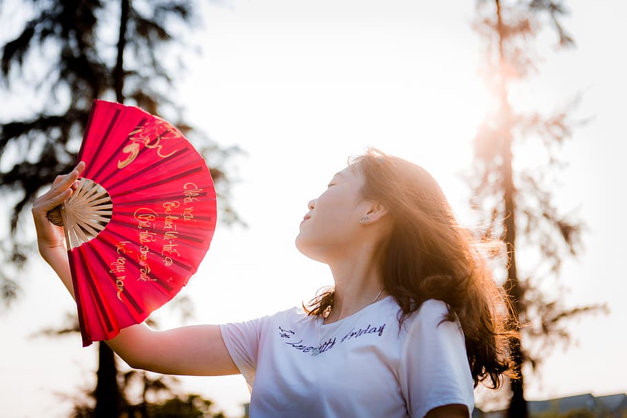Close-up Photo of Woman Holding Red Hand Fan, beautiful woman