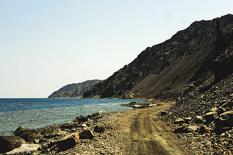 egypt, dahab, beach, mount, road, view, desert, sea, sky, water HD wallpaper