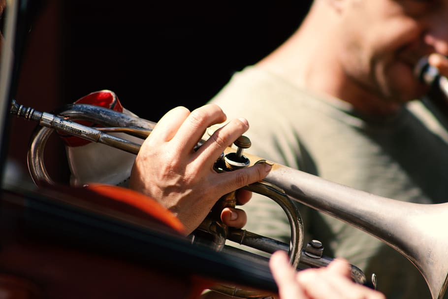 Brown Trumpet, close-up, daylight, hands, instrument, male, man HD wallpaper