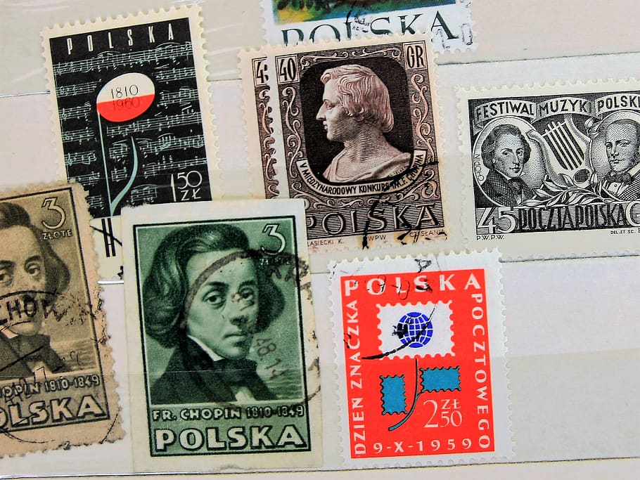 fryderyk chopin, postage stamps, paper, antique, polish, philately