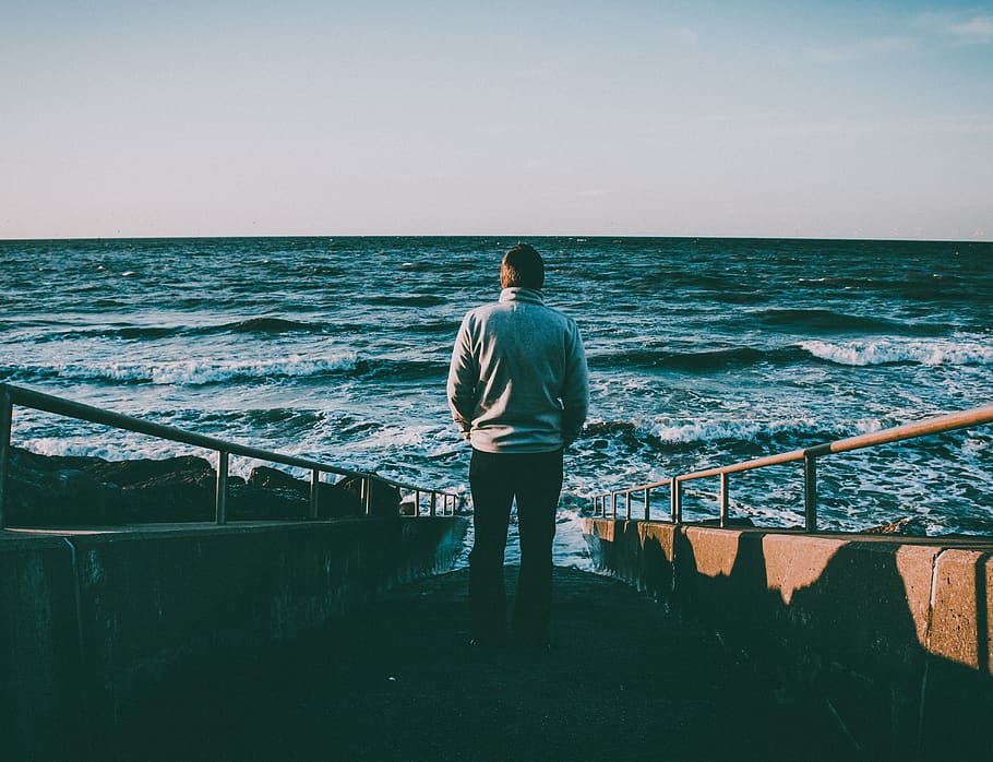 Man Walking on Stairs Near Ocean, beach, dawn, person, scenic HD wallpaper