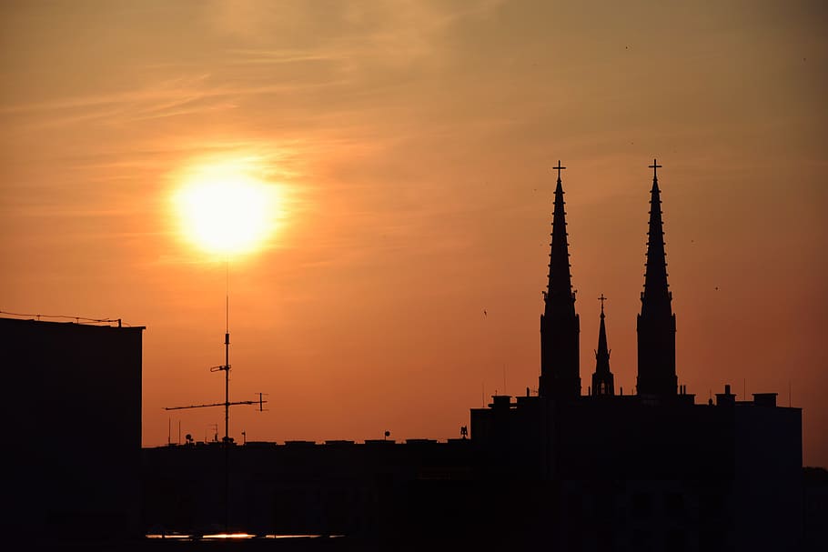 poland, warsaw, orange, sunset, church, sky, architecture, built structure HD wallpaper