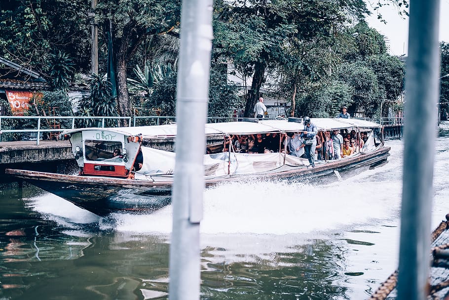 thailand, river, trees, boat, people, water, transportation HD wallpaper