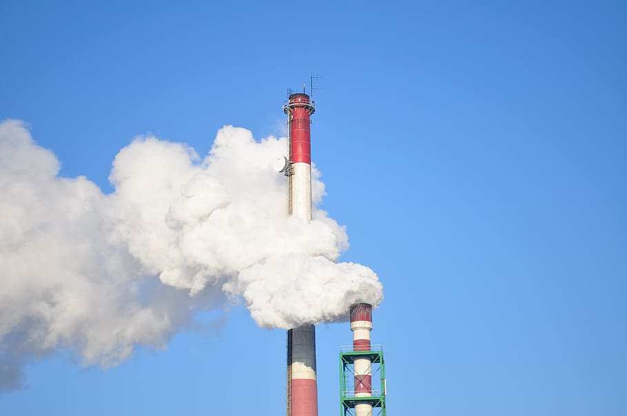 Smoke Stacks Against Blue Sky, air pollution, carbon, company