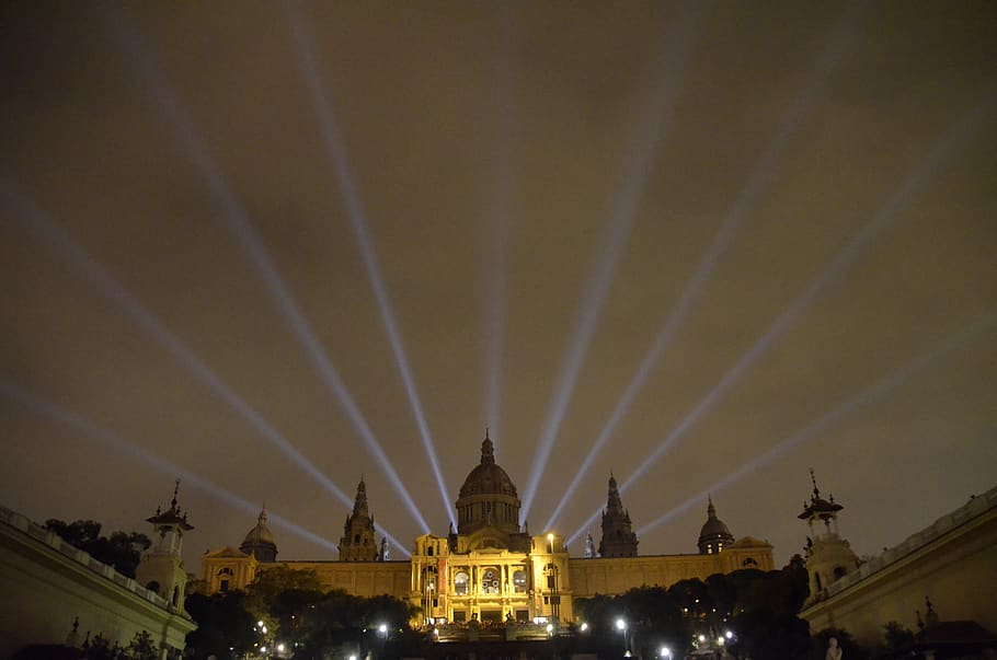 spain, barcelona, perspective, palace, lightbeams, night sky HD wallpaper