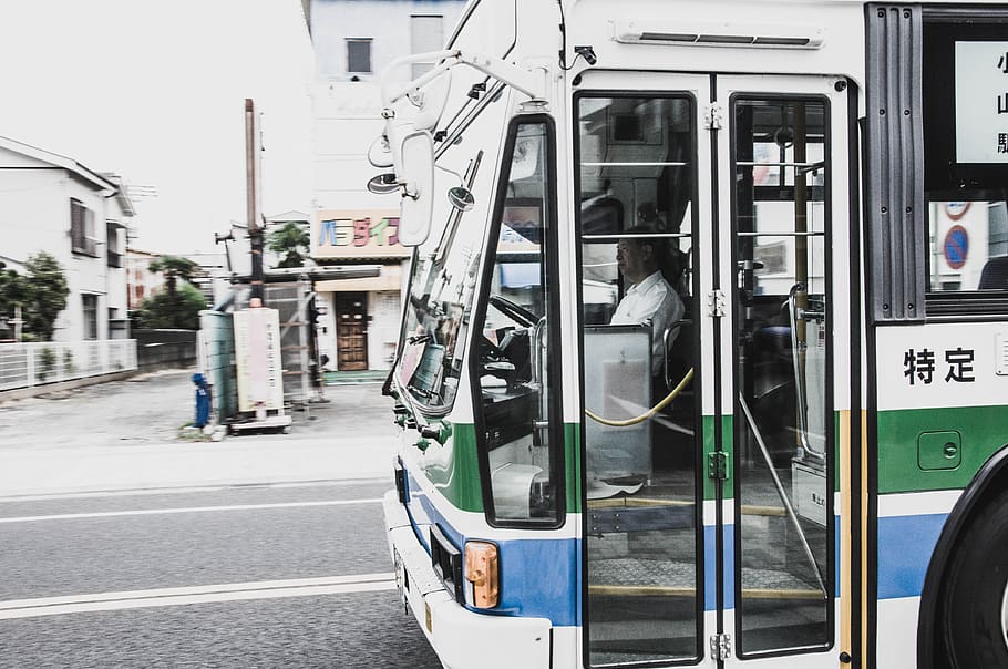 white bus in road, transportation, vehicle, person, human, machine HD wallpaper