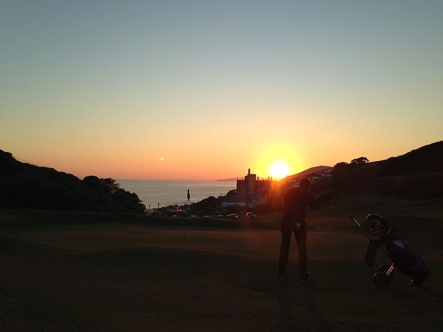 cornwall, united kingdom, uk, sun, shadow, golf, sunset, sky HD wallpaper