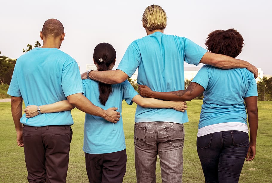 Four People Wearing Blue Crew-neck T-shirts, back, community service, HD wallpaper