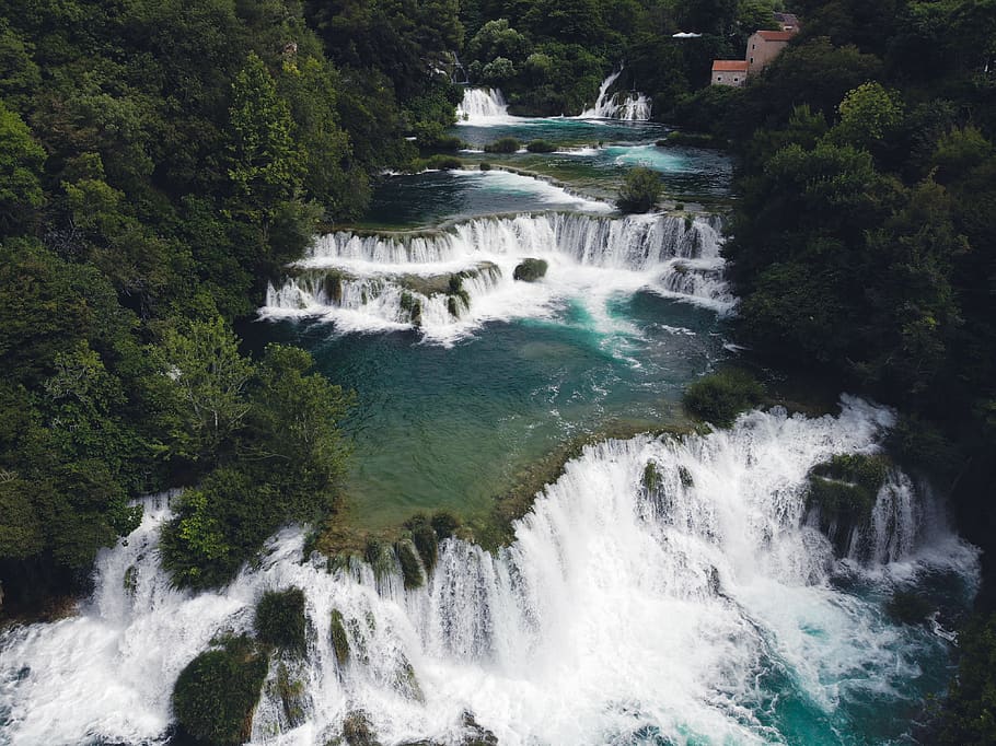 Waterfalls Beside Green Trees, bird's eye view, daylight, environment HD wallpaper
