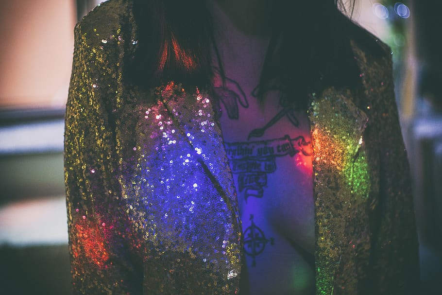 Woman Wearing Gold Glitter Suit Jacket, art, bright, color, dark HD wallpaper
