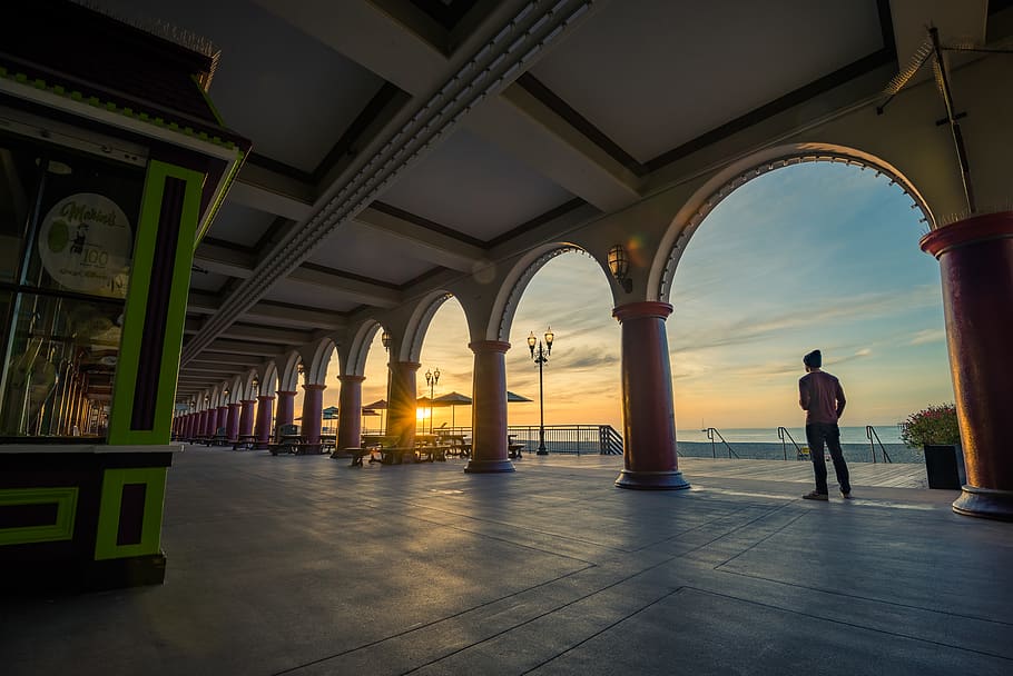 Gray Ceramic Tiles, arches, beach, benches, building, dawn, daylight HD wallpaper