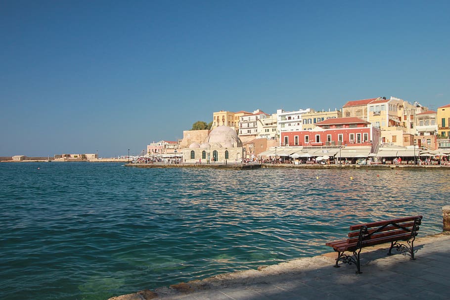 greece, chania, mediteranean, sea, port, bench, building exterior, HD wallpaper