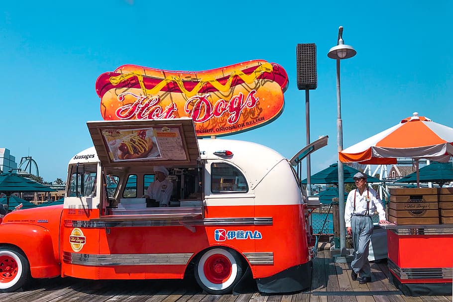 A Classic Hot Dog Food Cart, business, city, daylight, drive