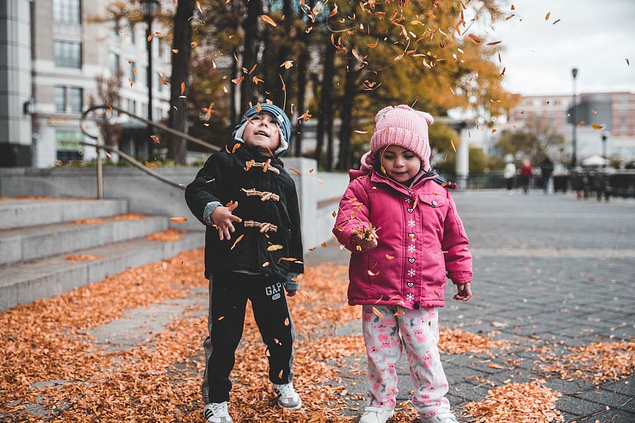 Autumn fun, leafe, kid, yellow, play, fall, autumnal, autumn leaf HD wallpaper