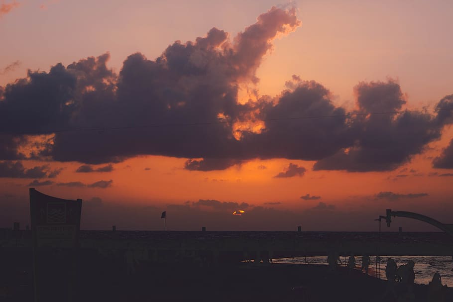 sunset, view, red, sky, clouds, sea, port, beach, redsky, cloud - sky HD wallpaper
