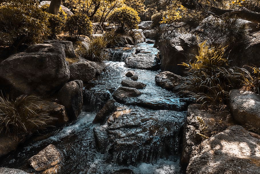 waterfalls and rock formations, stream, vegetation, forest, nature HD wallpaper