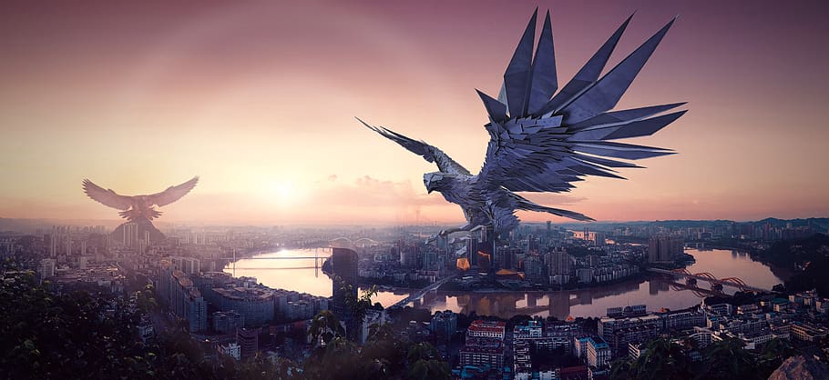 fantasy, city, monument, adler, river, gigantic, forward, scifi HD wallpaper