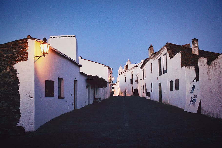 evening, city, white, blue, portugal, alentejo, photography HD wallpaper