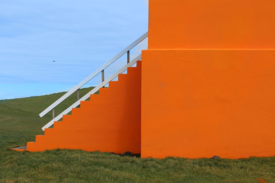 iceland, orange, stairs, day, built structure, architecture HD wallpaper
