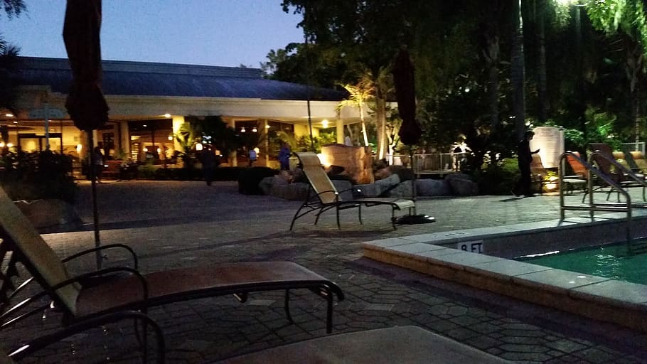 nightlife, romance, poolside, chair, seat, table, architecture HD wallpaper