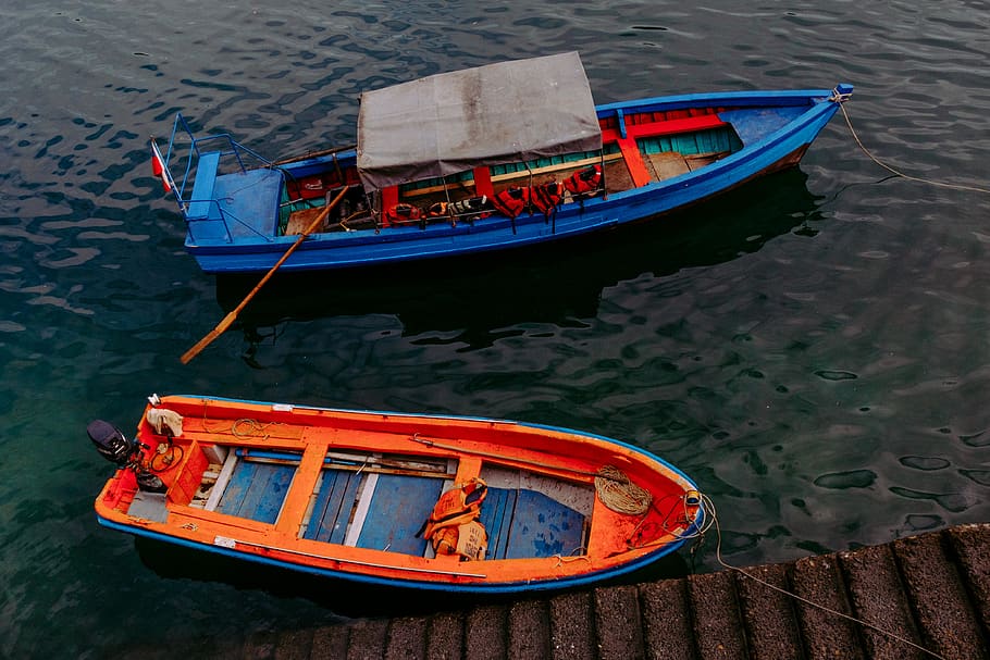 two blue and orange boat on dock, transportation, watercraft, HD wallpaper