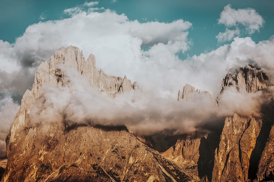 mountain surrounded by clouds, mist, sky, cloudscape, fog, blue HD wallpaper