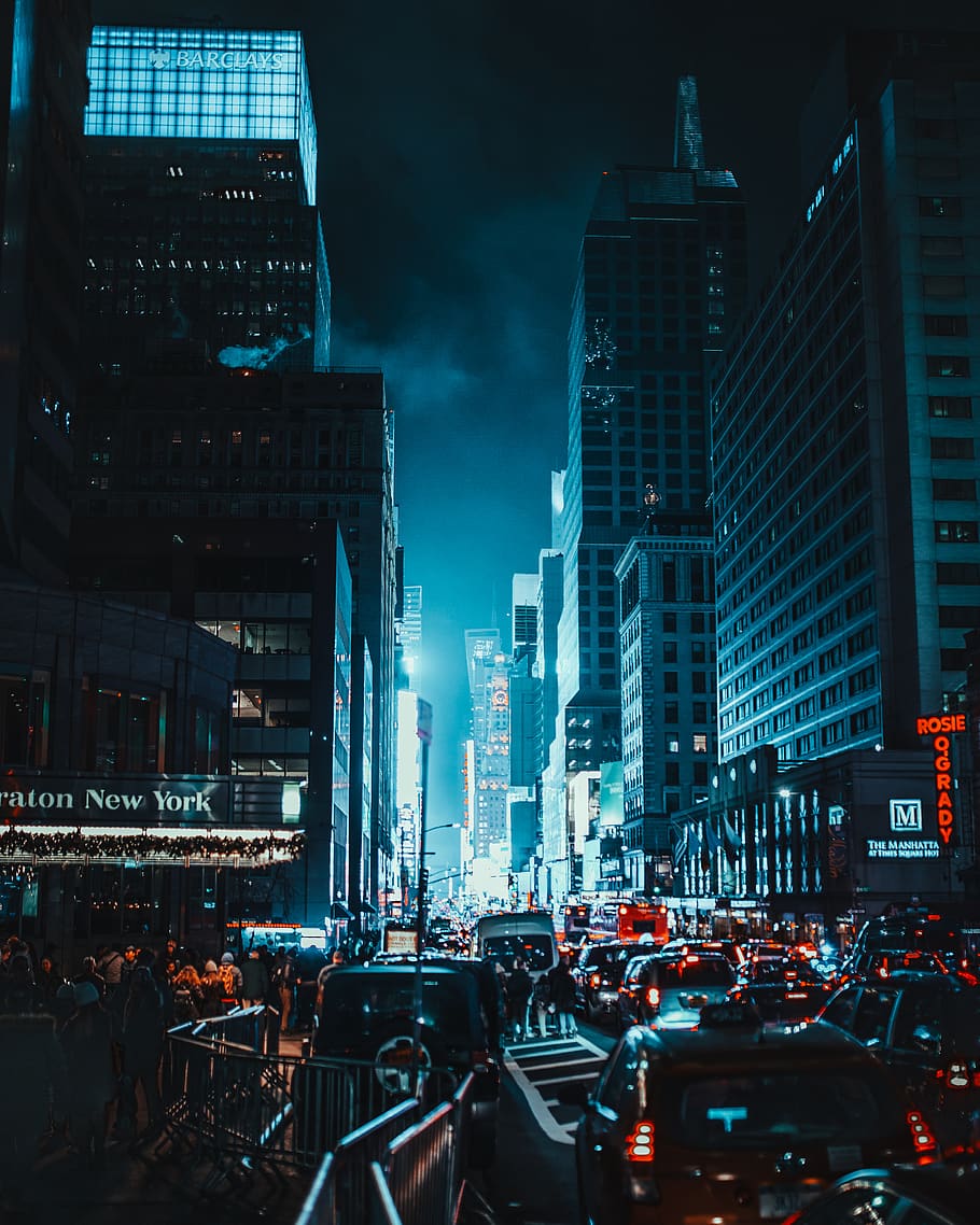 cityscape at night-time, town, metropolis, urban, building, downtown HD wallpaper