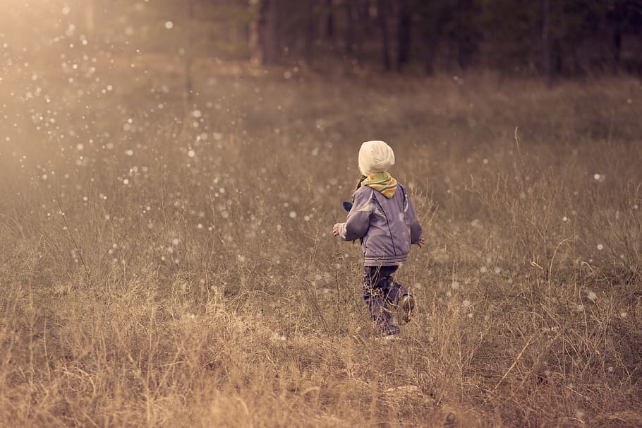 kid, child, girl, back, grass, playing, scarf, beanie, jacket HD wallpaper