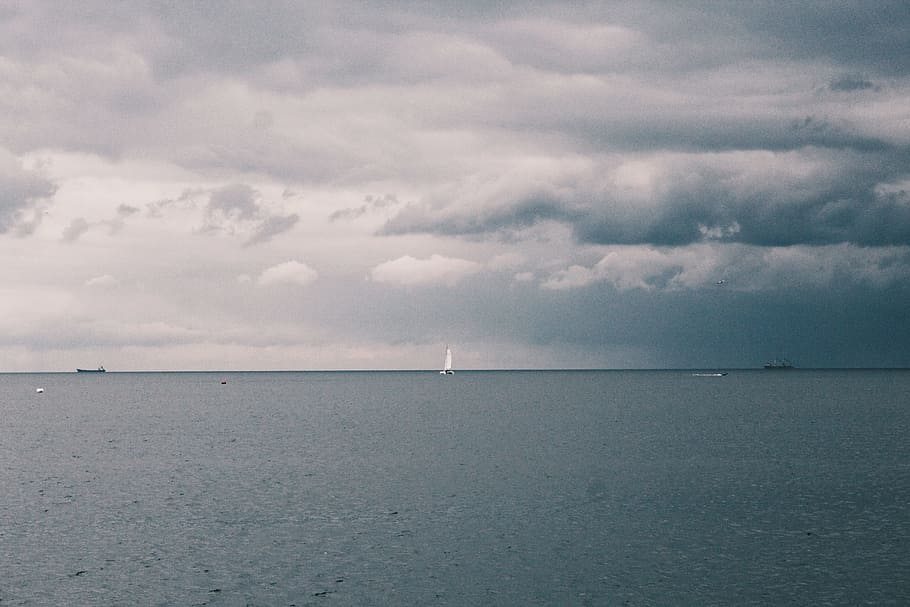 White Sailing Boat on Body of Water, beach, clouds, dawn, daylight