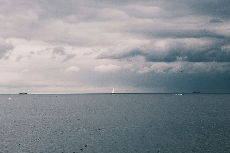 White Sailing Boat on Body of Water, beach, clouds, dawn, daylight HD wallpaper