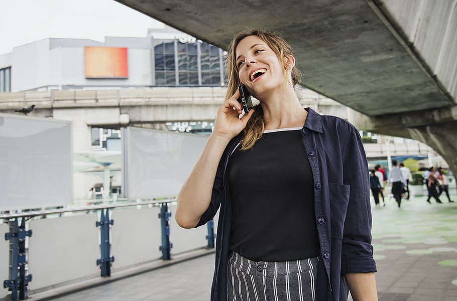 Woman in Blue Top Speaking on Phone, adult, cellphone, communication HD wallpaper